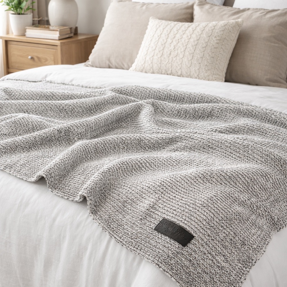 Two Blind Brothers Gray Marled Knit Throw Blanket 48x59 100% Cotton  Luxe Throw